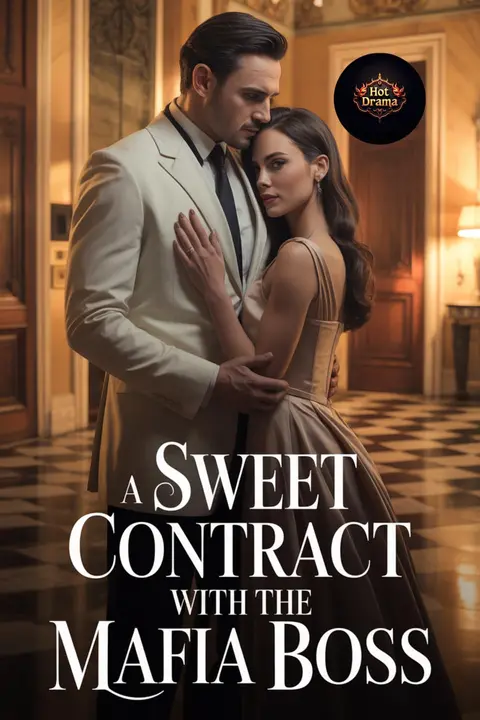 Cover of A Sweet Contract With the Mafia Boss, a mafia contract marriage romance, showing a man in a white dinner jacket holding a woman in a gold gown in a grand hallway