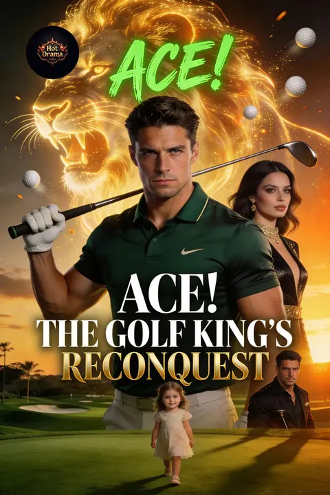 Cover of Ace! The Golf King's Reconquest, a sports romance, showing a golfer mid-swing in front of a roaring golden lion, with a woman and a little girl on the green