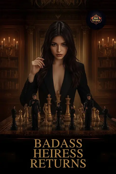 Cover of Badass Heiress Returns, a billionaire heiress revenge novel, showing a woman in a black suit standing over a chessboard in a candlelit library