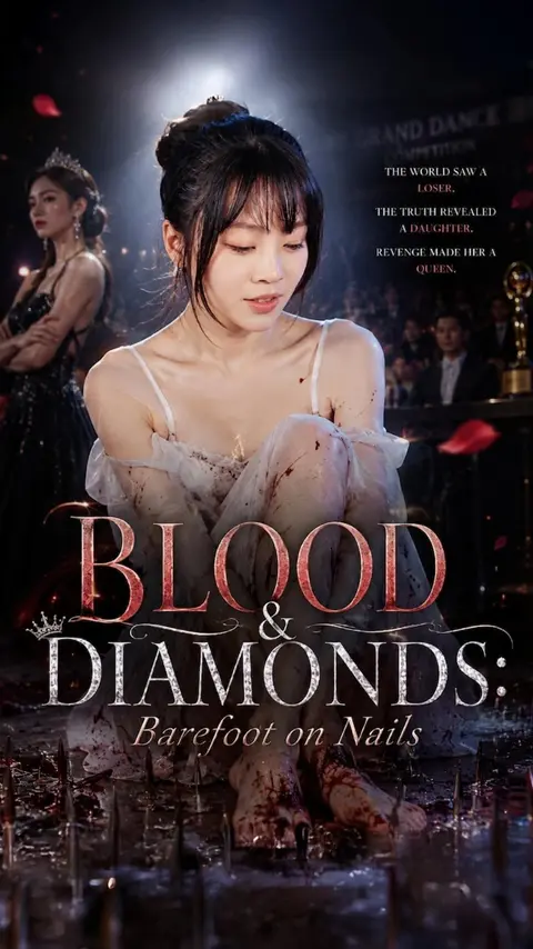 Cover of Blood and Diamonds: Barefoot on Nails, a romantic suspense novel, showing a dark-haired dancer in a pale gown under a spotlight with red petals and glinting diamonds