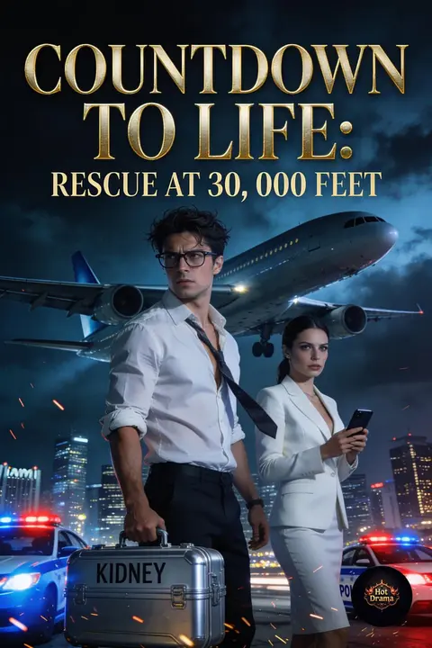 Cover of Countdown to Life: Rescue at 30,000 Feet, an action thriller, showing a doctor carrying a medical case marked KIDNEY and a woman in white beside a jet and police lights