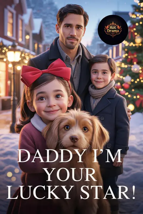 Cover of Daddy I'm Your Lucky Star!, a single dad billionaire story, showing a man, a young boy and a smiling little girl in a red bow with a puppy in a snowy street