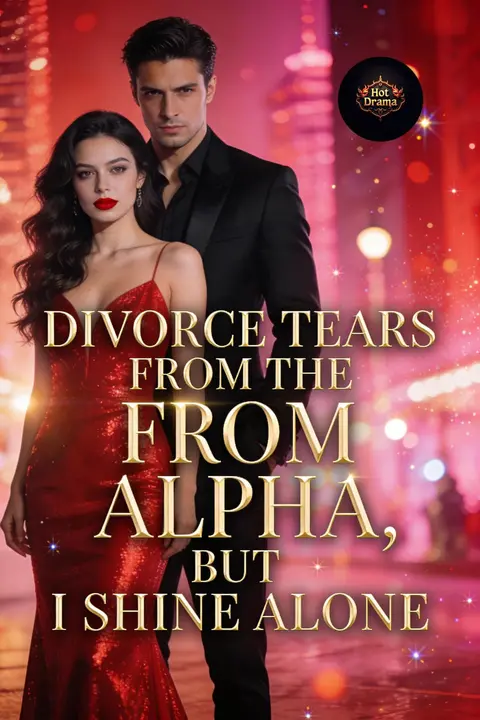 Cover of Divorce Tears From the Alpha, But I Shine Alone, a rejected mate romance, showing a man in black behind a dark-haired woman in a red gown against glowing city lights