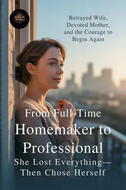 Cover of From Full-Time Homemaker to Professional, a divorce novel, showing a woman in a white blouse by a window overlooking a hazy city