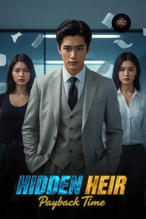 Cover of Hidden Heir Payback Time, a hidden identity revenge romance, showing a young man in a grey three-piece suit between two women as papers fly through an office