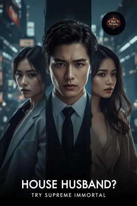 Cover of House Husband? Try Supreme Immortal, a hidden identity urban fantasy, showing a stern man in a dark suit between two women against a night city