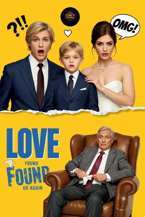 Cover of Love Found Us Again, a second chance romance, showing a shocked couple and a young boy on a bright yellow background above an older man in a leather armchair