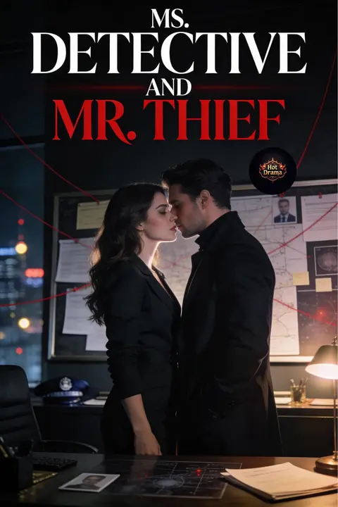 Cover of Ms. Detective and Mr. Thief, an enemies to lovers romantic suspense, showing a couple about to kiss in a dim office with a crime board of photos and red string