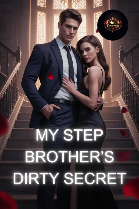 Cover of My Step Brother's Dirty Secret, a forbidden stepbrother romance, showing a man in a navy suit with his arm around a woman in a black dress on a grand staircase scattered with rose petals