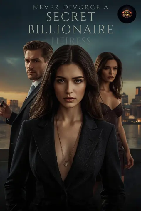 Cover of Never Divorce a Secret Billionaire Heiress, a divorce revenge romance, showing a dark-haired woman in a black blazer in front of a man and another woman at dusk