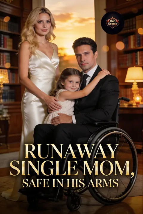 Cover of Runaway Single Mom, Safe in His Arms, a single mom romance, showing a man in a wheelchair holding a little girl as a woman in a satin gown stands beside them