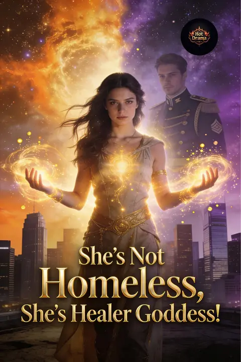 Cover of She's Not Homeless, She's Healer Goddess!, an urban fantasy hidden identity romance, showing a woman with glowing golden energy in her hands above a city skyline