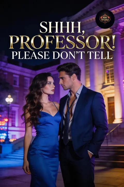 Cover of Shhh, Professor! Please Don't Tell, a forbidden professor romance, showing a woman in a blue dress and a man in a suit on a lamplit college quad at night
