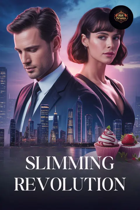 Cover of Slimming Revolution, a curvy girl romance, showing a man in a suit and a woman with a dark bob against a twilight skyline, with cupcakes in the corner