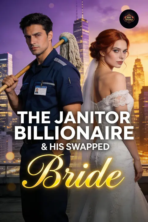 Cover of The Janitor Billionaire and His Swapped Bride, a hidden identity billionaire romance, showing a janitor with a mop and a red-haired bride in a lace gown against a purple city skyline