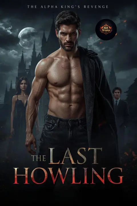 Cover of The Last Howling, an alpha werewolf romance, showing a shirtless dark-haired man under a full moon with a gothic castle behind him