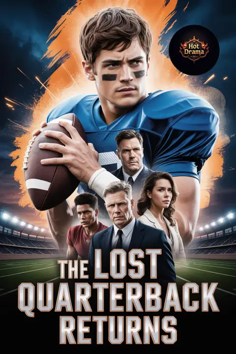 Cover of The Lost Quarterback Returns, a sports drama, showing a quarterback in a blue jersey holding a football in front of his family under stadium lights