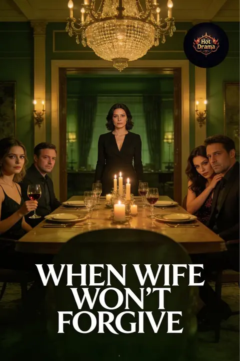 Cover of When Wife Won't Forgive, a regret husband romance, showing a woman standing at the head of a candlelit dinner table in a dark green dining room