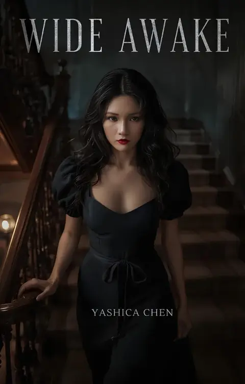 Cover of Wide Awake, a psychological thriller, showing a dark-haired woman in a black dress at the foot of a shadowy staircase