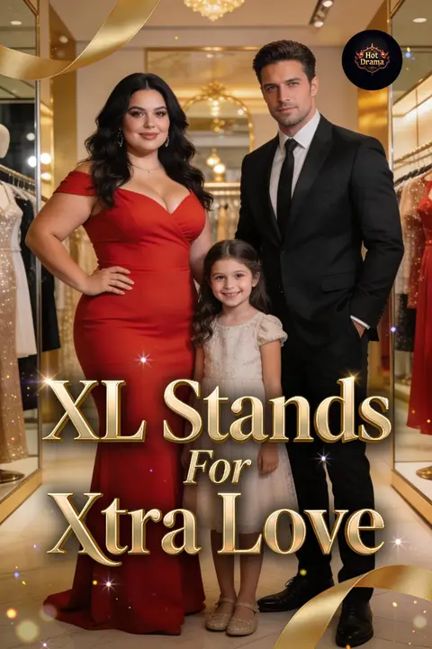 Cover of XL Stands for Xtra Love, a curvy girl romance, showing a curvy woman in a red dress beside a man in a suit and a little girl in a boutique